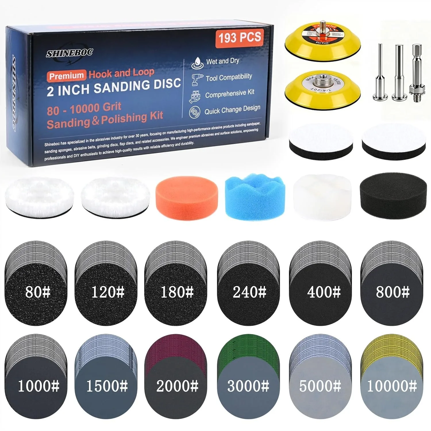 

Hook and Loop Sanding Discs Polishing Kit - 193Pcs 2 Inch Wet Dry Sandpaper Pads, 80 to 10000 Grits for Metal Wood Auto Glass