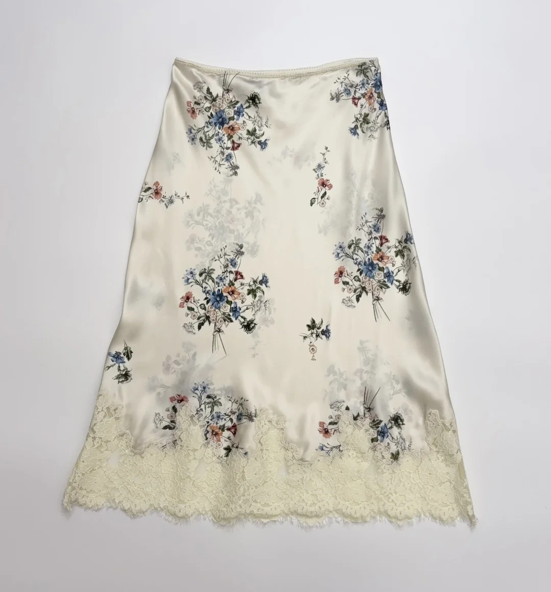2026 Women Flower Print Knee-length Skirt 100% Silk Lace Embroidery Patchwork High Waist Casual Slim Jupe