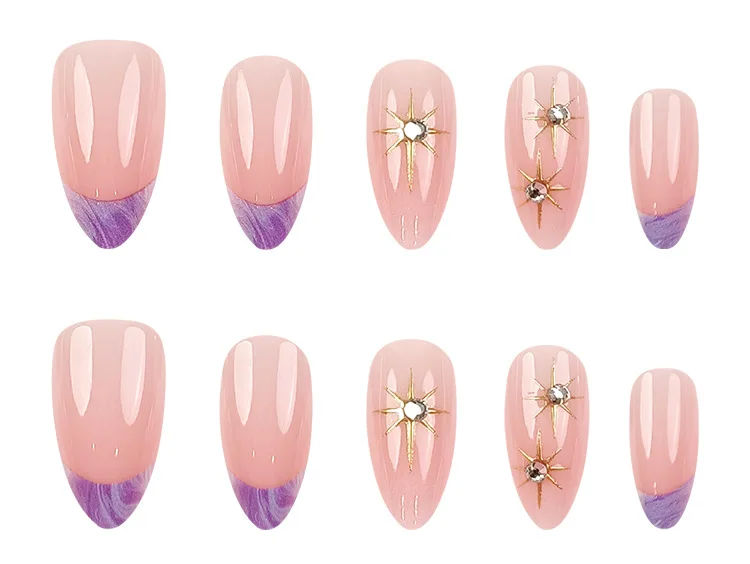 

2026 New Minimalist 3D Pearl Relief Nail Art, High-End Purple French Style, Gilded and Diamond-Studded Nail Plates