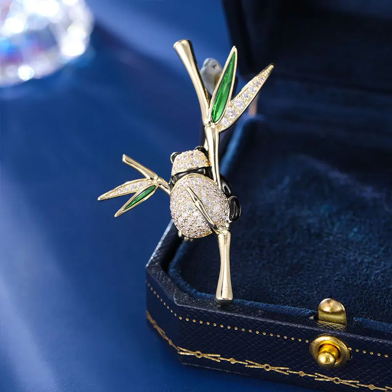 Chinese Style Cute Panda Green Bamboo Brooch Shiny Rhinestone Enamel Lucky Peace Auspicious Elegant Jewelry Gift For Daily Wear