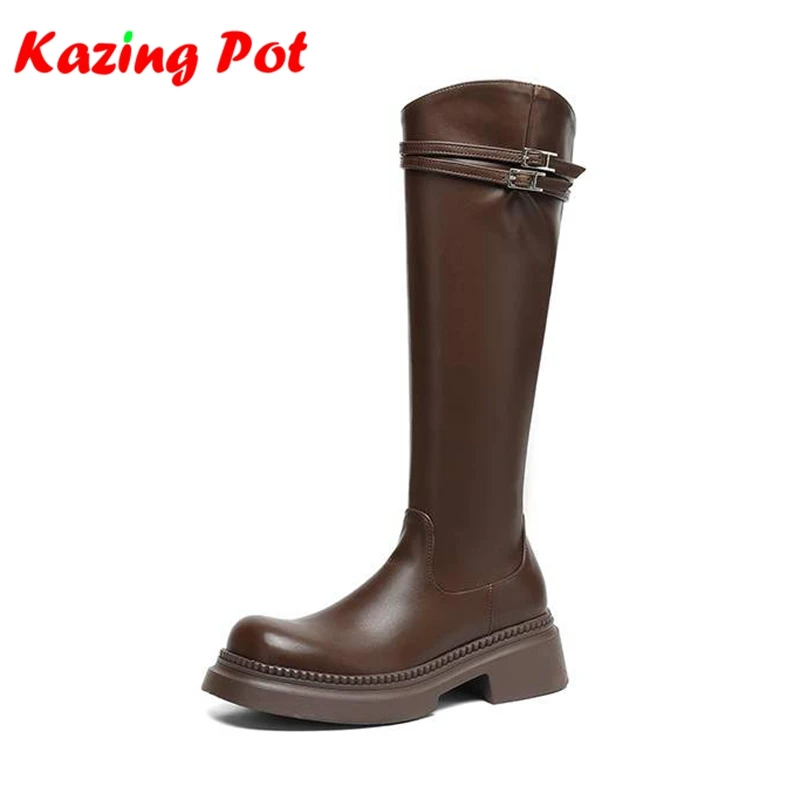 Microfiber Round Toe Modern Equestrian Boots Dating Winter Shoes Thick High Heels solid Color Belt Buckle Women Knee-high Boots