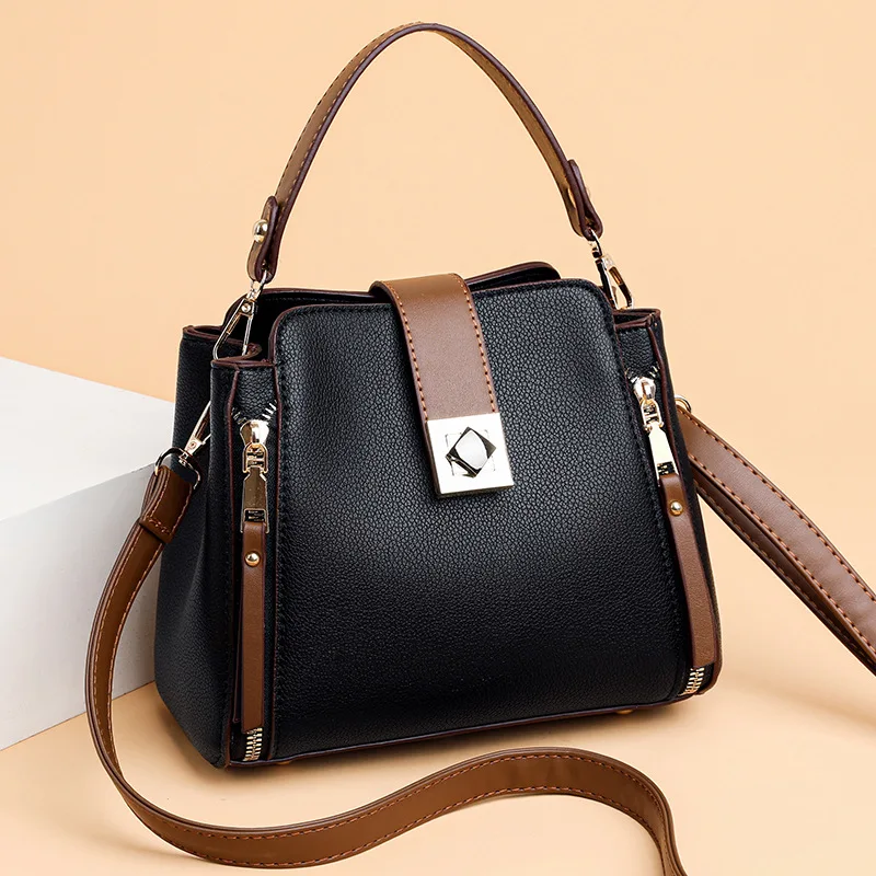 Yogodlns Luxury Splicing Handbag For Women PU Leather Bucket Shuolder Bag Fashion Handle Bag Brand Shopping Mommy Crossbody  Bag