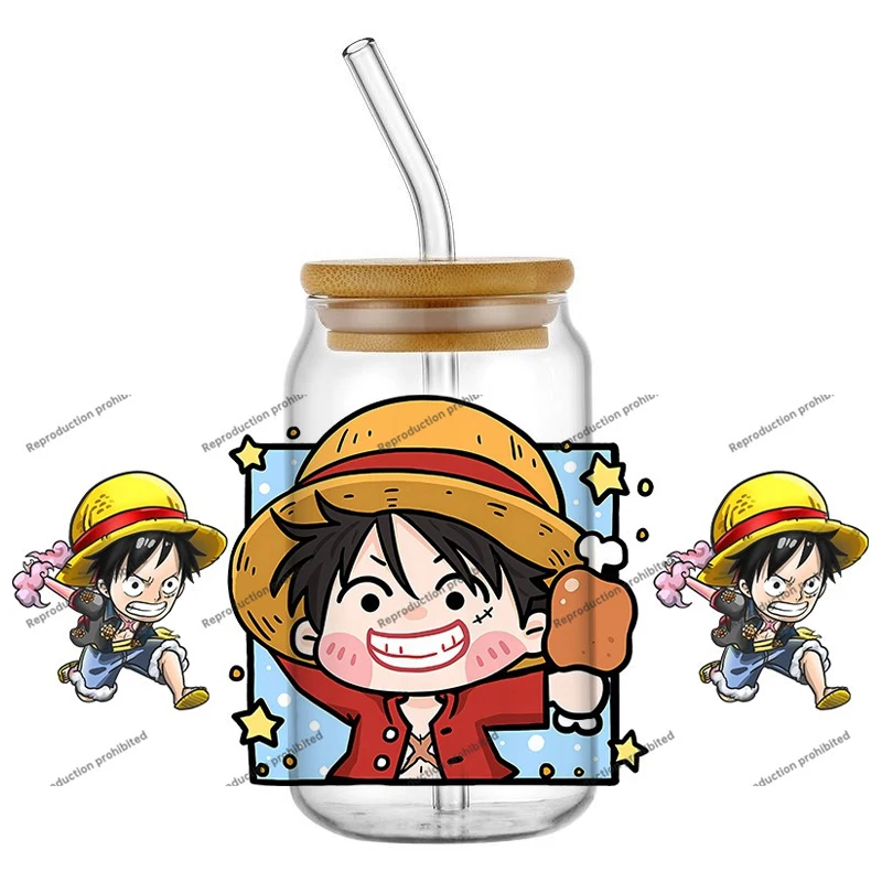 

New Arrival Q style Japanese Pirate Anime Cartoon UV DTF Decal Sticker Wrap For 16oz Libbey Glass Can Cup Wholesale