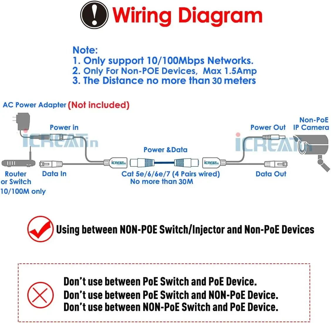 Passive PoE Injector PoE Splitter Kit with RJ45 Ethernet and Power DC 5.5x2.1 mm F/M Adaptor Connector for IP Security Camera view 6