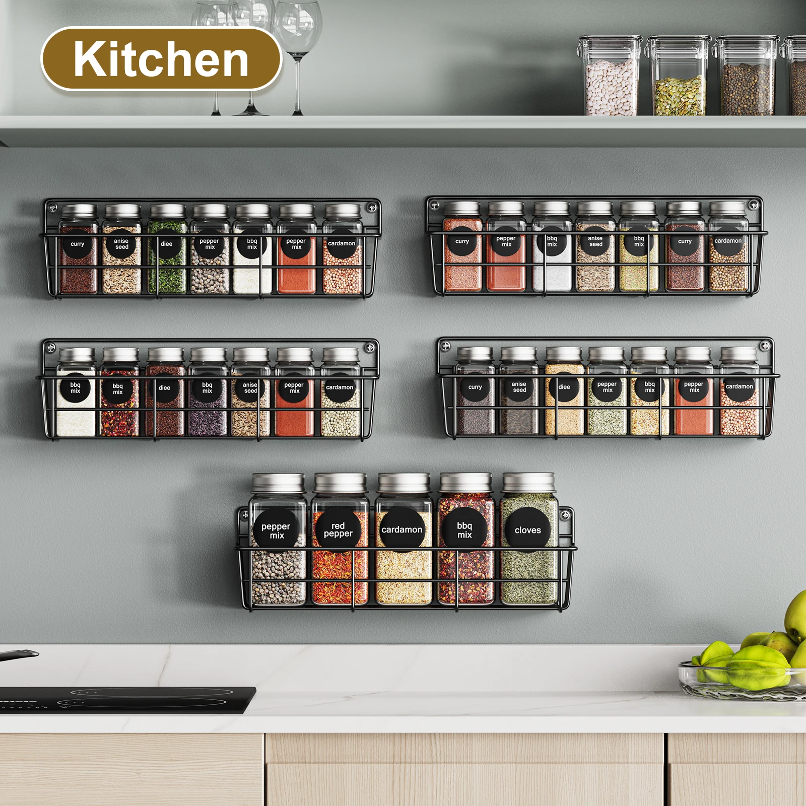 5pcs Wall Mounted Kitchen Shelves Black Metal Spice Storage Rack Hanging Pantry Seasoning Organizers Space Saving for Cabinet