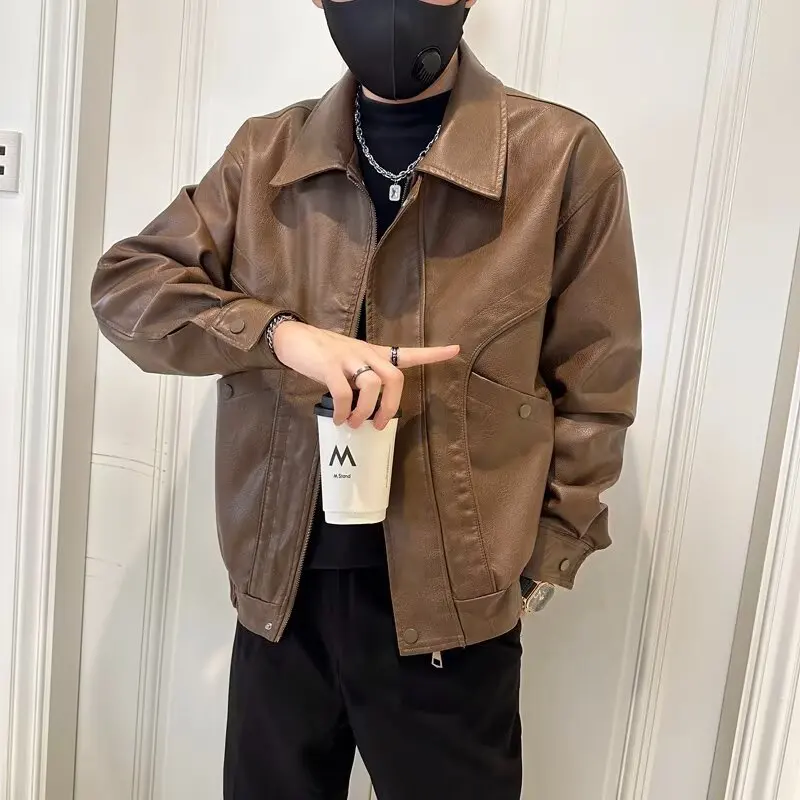 

Men's Leather Jaet Coat Spring Autumn Winter New Sle Oil Wax Retro Motorcycle Jaet Trendy Men's Clothing Zipper Closure...