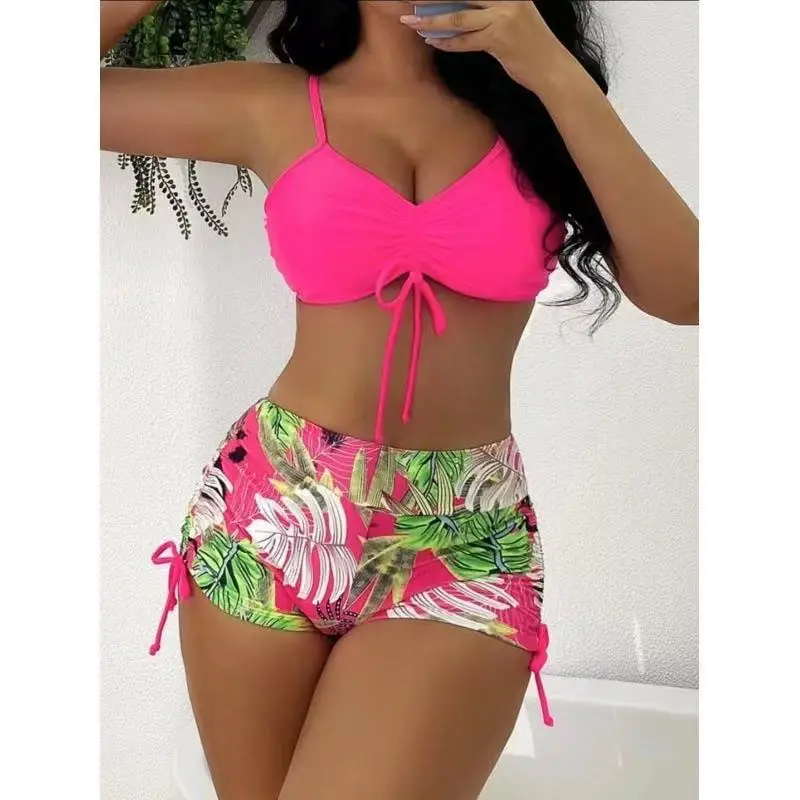 Cikini Summer Beach Tropical Print Bikini Set Drawstring Cami Bra & Boxer Shorts 2 Piece Bathing Suit