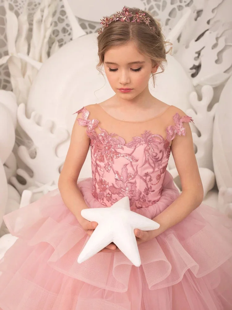 Pink Applique Flower Girl Dress For Wedding Tulle Sleeveless Fluffy Elegant Child Communion Birthday Party Dresses Girl Gifts