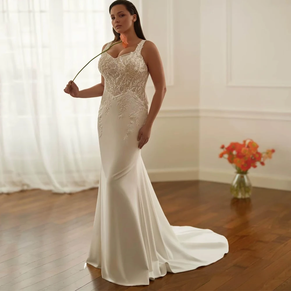 Customized Large Size Mermaid Wedding Dress Wide Straps Sweetheart Appliques Satin V-back Elegant Vestidos Bridal Gown