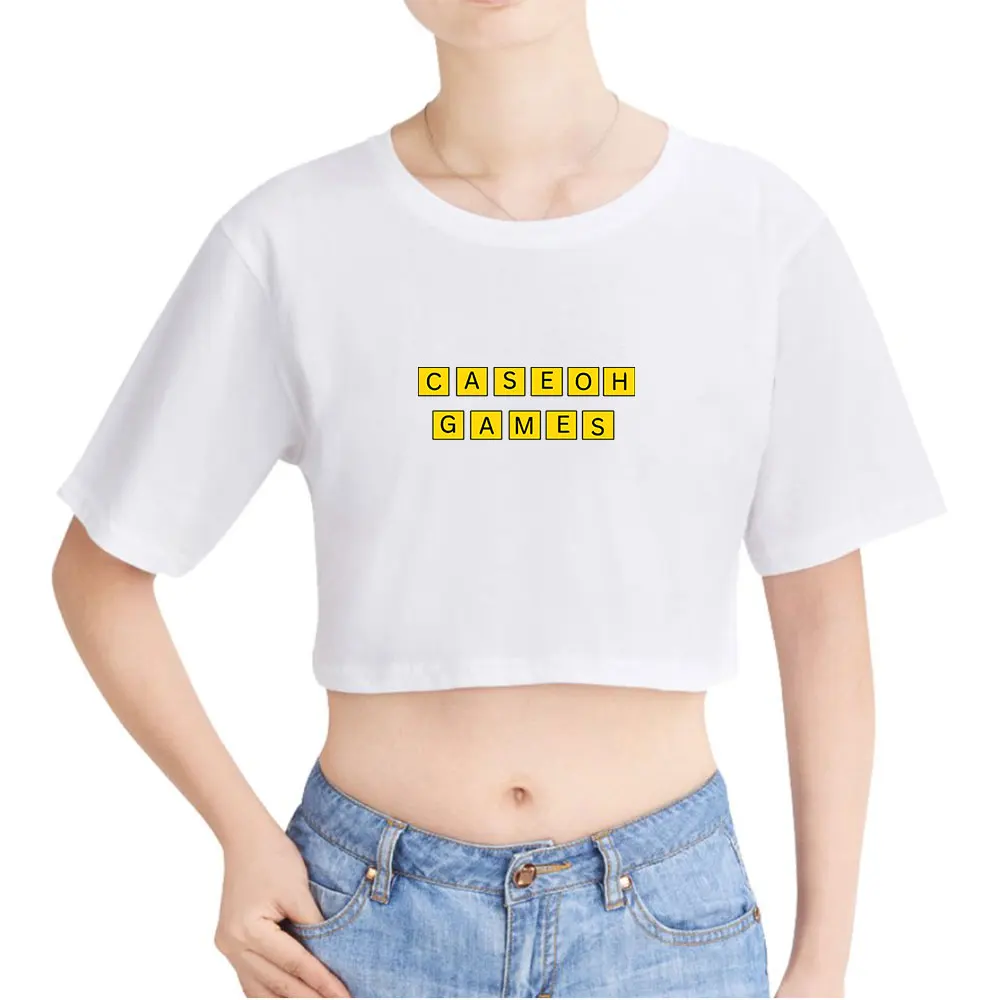 CaseohGame Vintage 90s Crop Top Exposed Navel T-Shirt Oversize O-Neck Tops Women Funny Tshirt Top