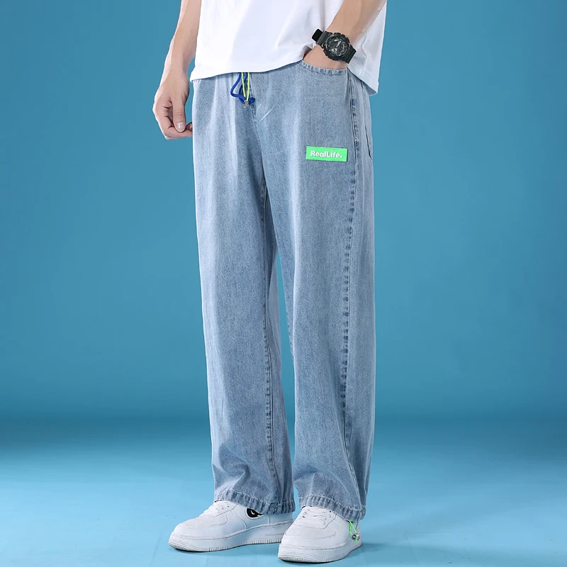 Celana Jeans Lurus Longgar Merek Fashion Hip Hop Pria Celana Kaki Lebar Renda Populer Remaja Kasual Fashion Sederhana Biru Muda