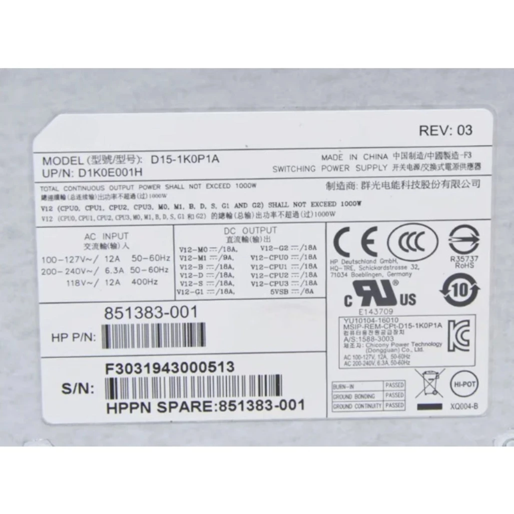 SX جديد الأصلي ل HP Z4 Z6 G4 851383-001 D15-1K0P1A 1000 واط PSU محطة العمل تحويل التيار الكهربائي D1K0E001H #1