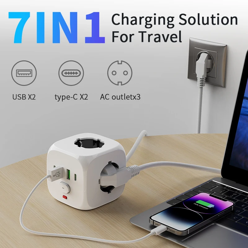 قطاع الطاقة مقبس الحائط موسع مع 2 متر تمديد خط 3 منافذ التيار المتناوب 2 منافذ USB و 2 نوع C 7 في 1 الاتحاد الأوروبي التوصيل شاحن التبديل #1