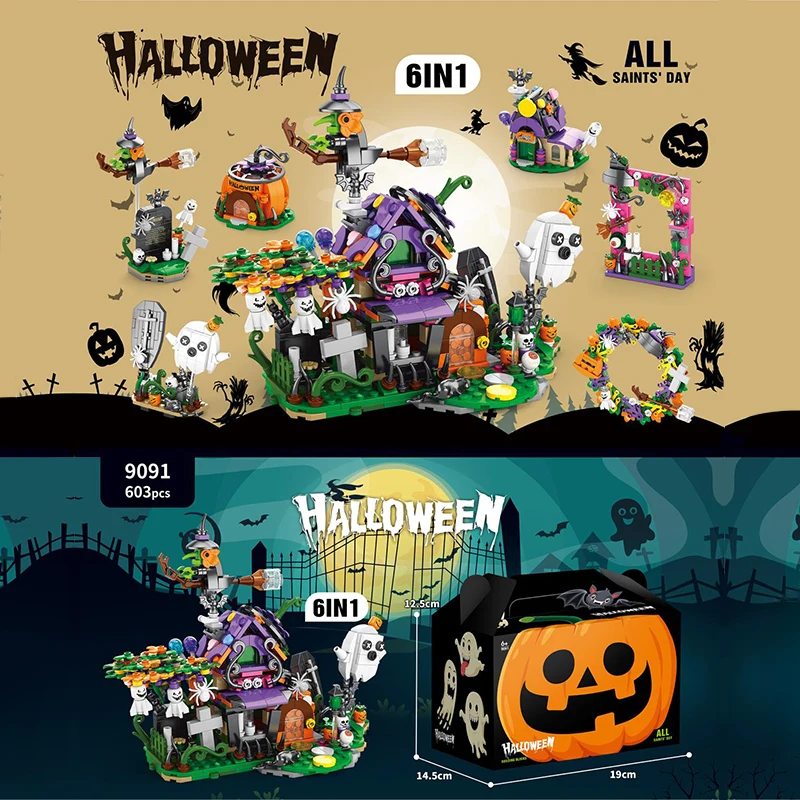 

Halloween 6-in-1 Building Blocks Set Spooky Haunted House Ghost Train Bricks Toys Halloween Gift for Kids