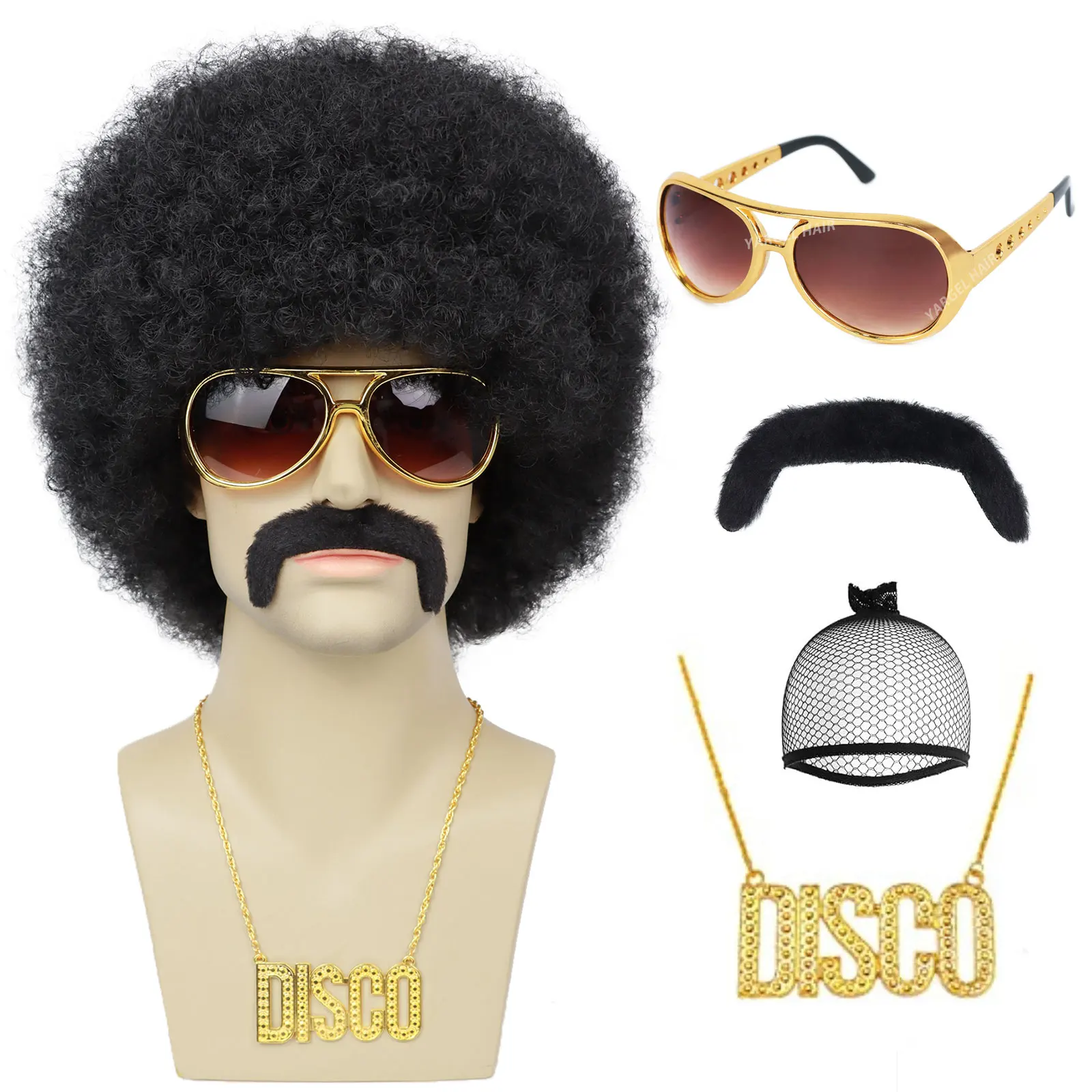 Mens Afro Wig for 70s Rocker Disco Party 5pcs Set Synthetic Afro Puff Wig for 70s 80s Halloween Costume Cosplay Party Use