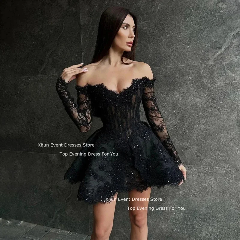 Xijun Sexy Mini Black Evening Dresses Lace Flowes Sweetheart Prom Dresses Birthday Cocktail Party Gowns Sequined Prom Gowns