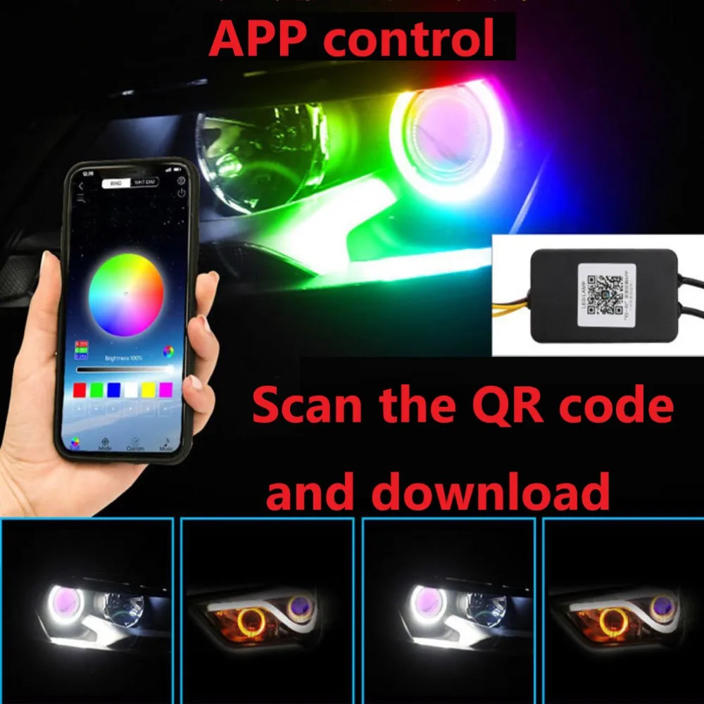 2pcs RGB Angel Eye LED,Daytime Running Headlight Light with APP Control Multiple Light colors Synchronized to Music.60MM-100MM.