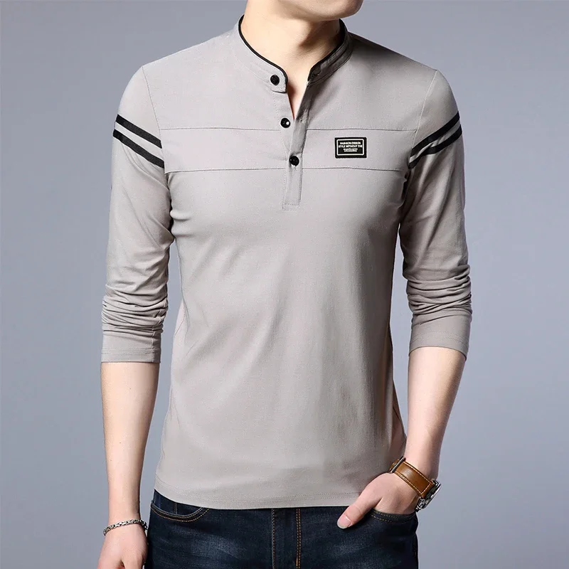 Men\'s Fashion Long sleeved POLO Shirt Casual Cotton Breathable Top Stand up Collar Korean Comfortable T-shirt Top