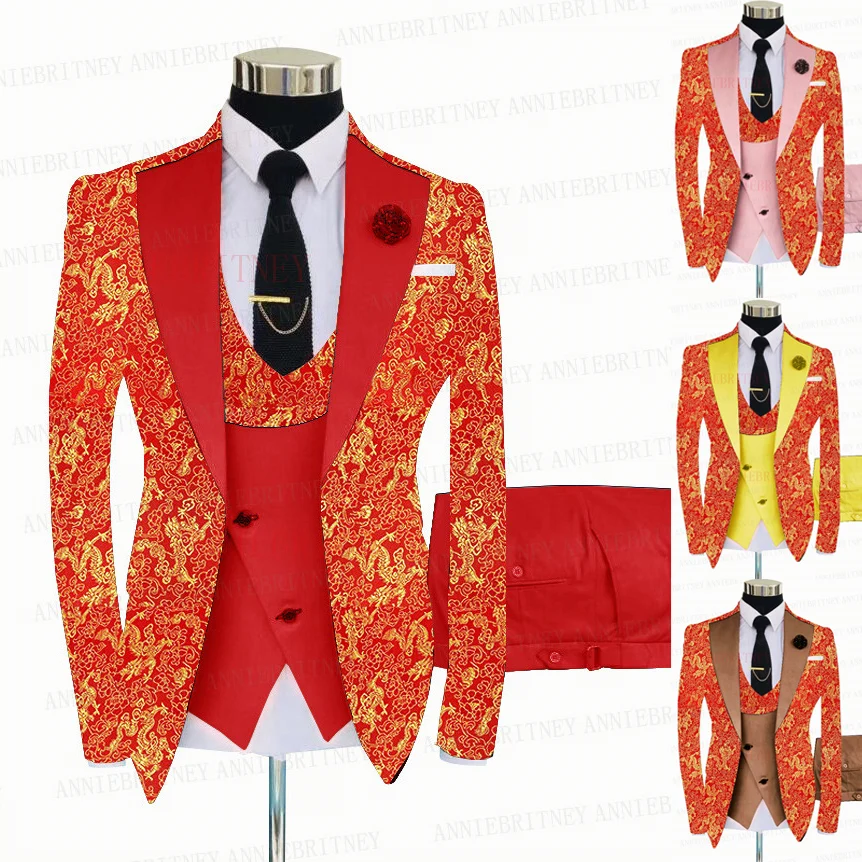 2021 Red Floral Printed Suit Men 3 Pieces Gold Groom Wedding Suit Tuxedo Slim Fit Shiny Blazer Double Breasted Vest Pants Set