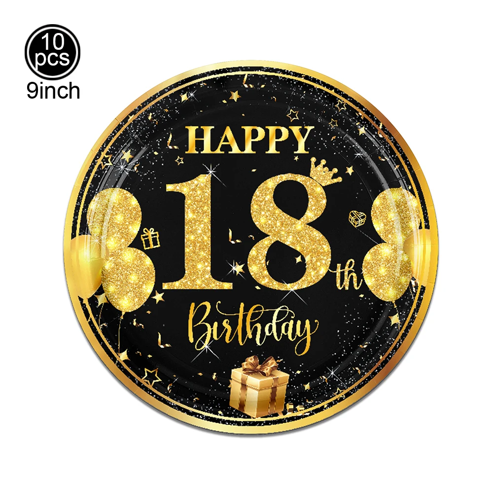 Partyzubehör zum 18. Geburtstag, Schwarzgold, Geburtstagsdekoration, Teller, Servietten, Tischdecke, Jungen und Mädchen, Partygeschenke zum 18. Geburtstag – Detail 3