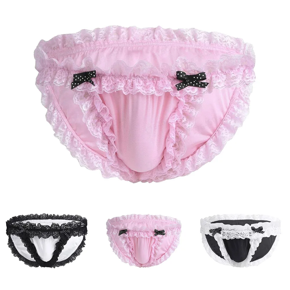 Celana Dalam Pria Boxer M-3XL Bikini Pink Sissy Panties Celana Dalam Renda Satin Bloomers