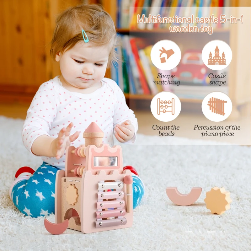 Baby  Five in One Wooden Cartoon Childrens Early Learning Education Castle Little Princess Educational Multi Functional Toys