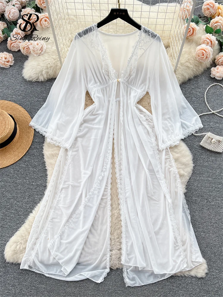 

SINGREINY Sheer Erotic Shapewear Long Dress French Loose Long Sleeve Split Nightwer 2023 Women Sheer Mesh Sexy Pajamas Robes