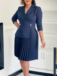 Autumn Fashion Light Mature Temperament High Quality Pleated Dress with Suit Collar A-Line Skirt Solid Color
