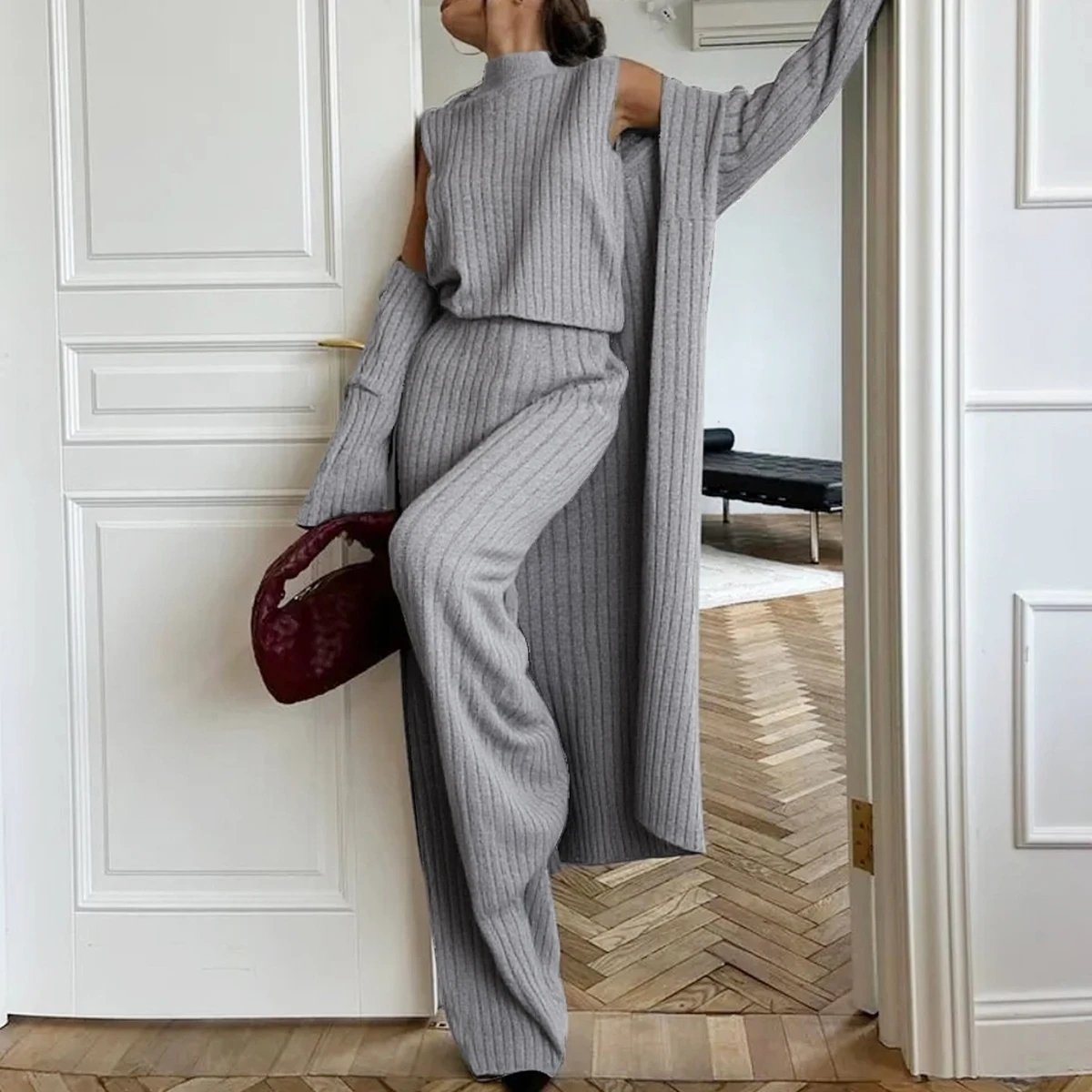 

Mia Muse Boutique Autumn Sets 2025 Women's Casual High Waist Pants Sleeveless High Neck Tanks Long Sleeve Cardigan Daily Sets