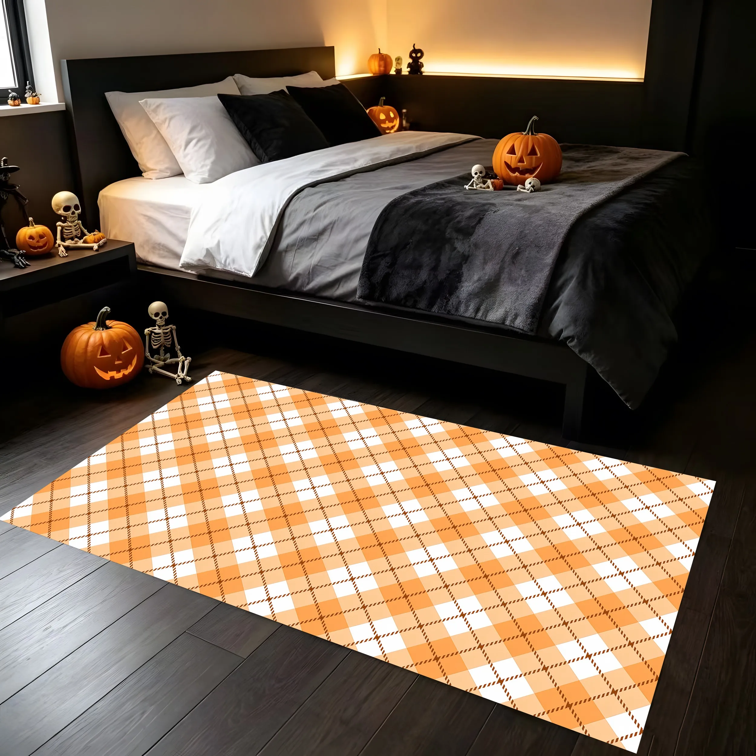 Velvet Orange and White Diamond-Patterned 2D Carpet in Maillard Style, Suitable for Living Room and Bedroom, Creating a Cozy Autumn and Winter Atmosphere