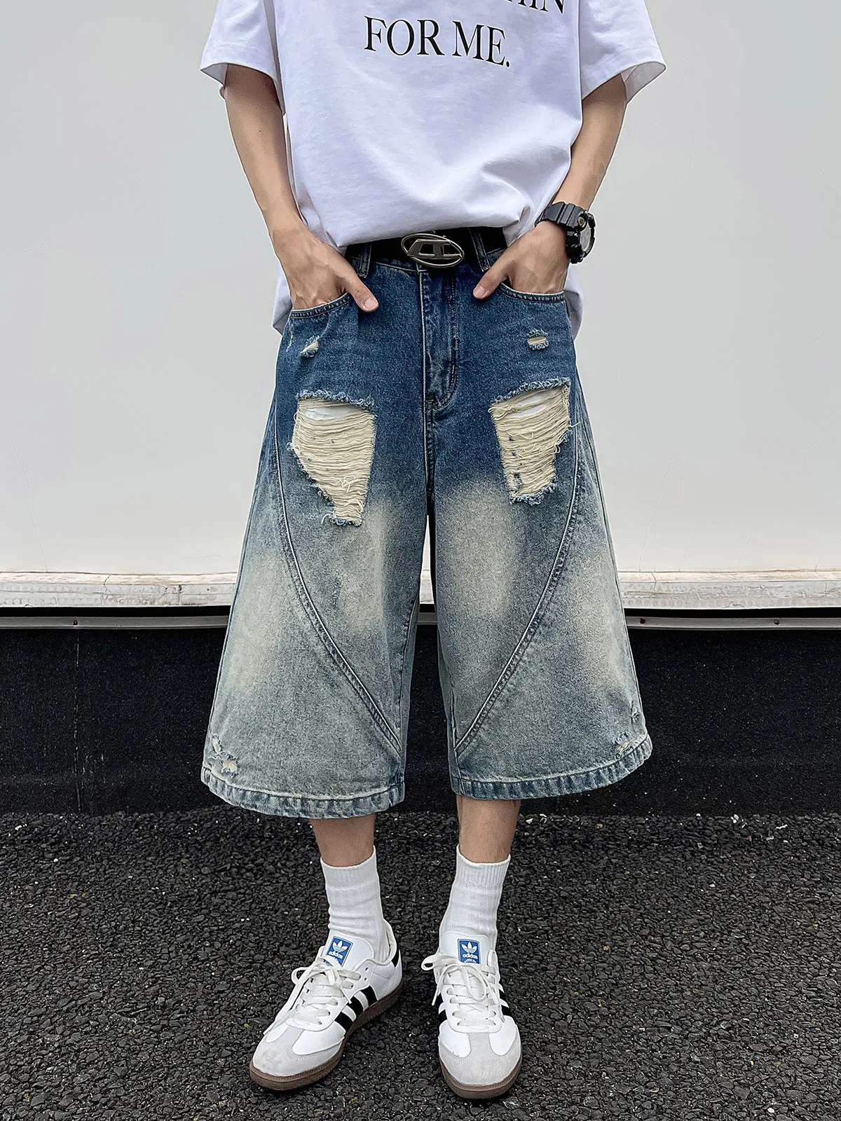 

Street Style American Loose Wide Leg Jeans Shorts Men's Summer Denim Shorts Distressed Straight Cut mid Waist Seven Inches