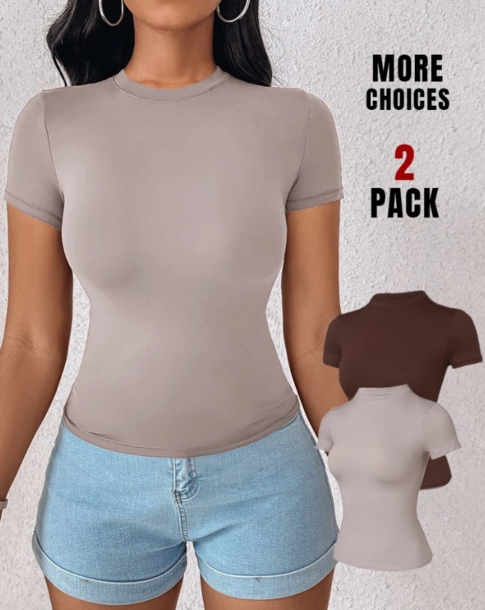 Sexy Elegant 2-Pack Crewneck Short Sleeve Tee Slim Fit Basic T-Shirts New Fashion 2024 Summer Casual T-Shirt Pullover Tops