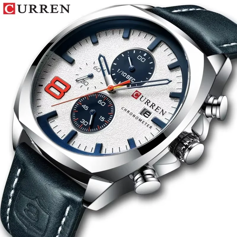 Curren 8324 Classic Quartz Watch Round Waterproof Leather-Strap Watch, Minimalist Six-Hand Multifunctional Calendar Watch