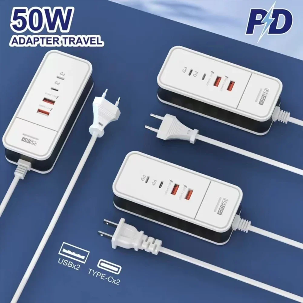 50W Multiple 4 Port USB Charger QC 3.0 PD Fast Charging Wall Charger for Mi Samsung iPad Mobile Phone US EU Travel Power Adapter