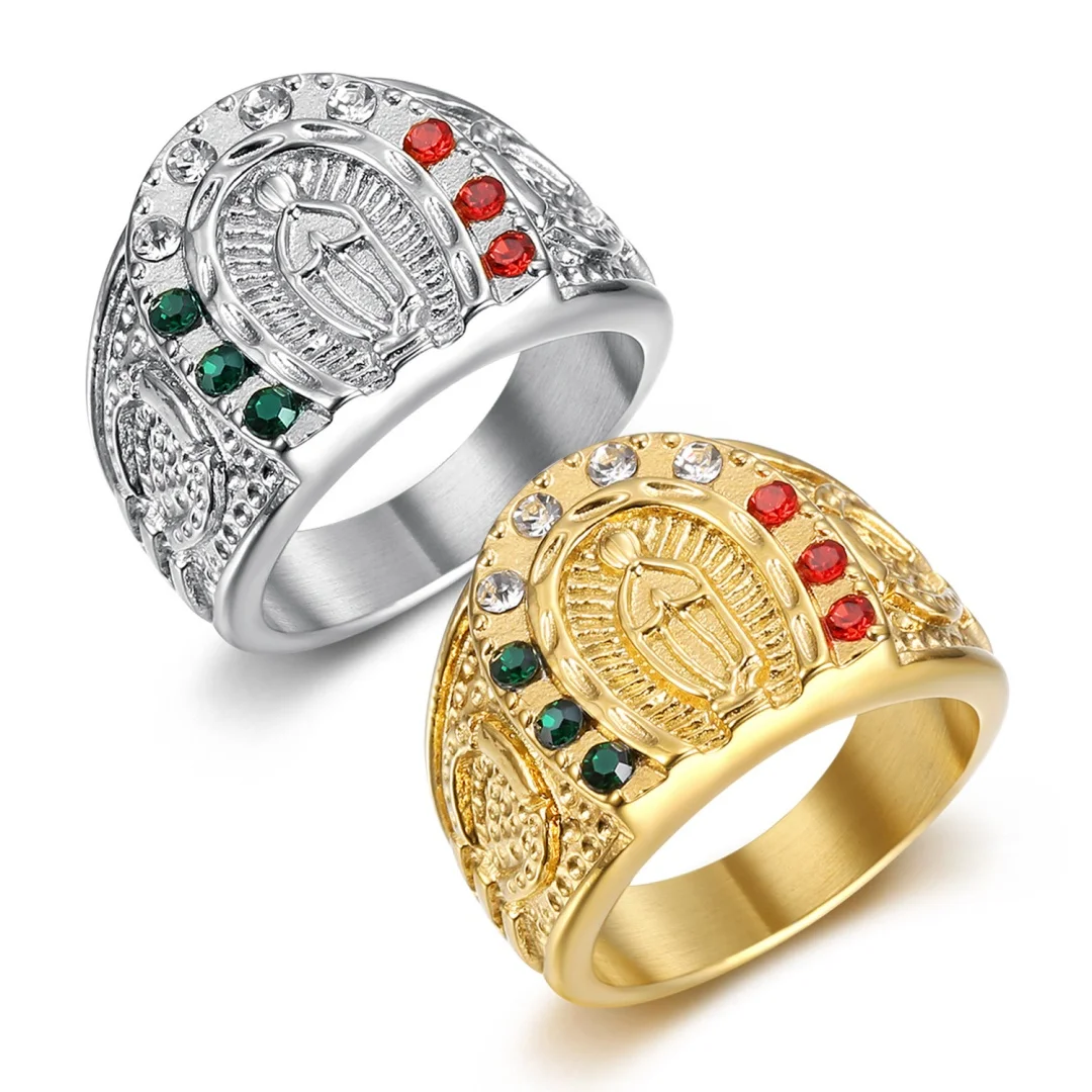 宗教的なキリスト教聖母マリアリング、大きなゴールドシルバーカラーのステンレススチール製アイスアウトクリスタル、クリスチャンリング、女性男性用ジュエリー
