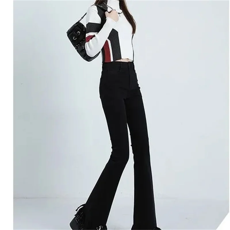 American Retro Micro La Jeans Female Spring and Autumn Korean Spicy Girl High Waist Slim Fit Rugged Fringe Flare Horseshoe Pants