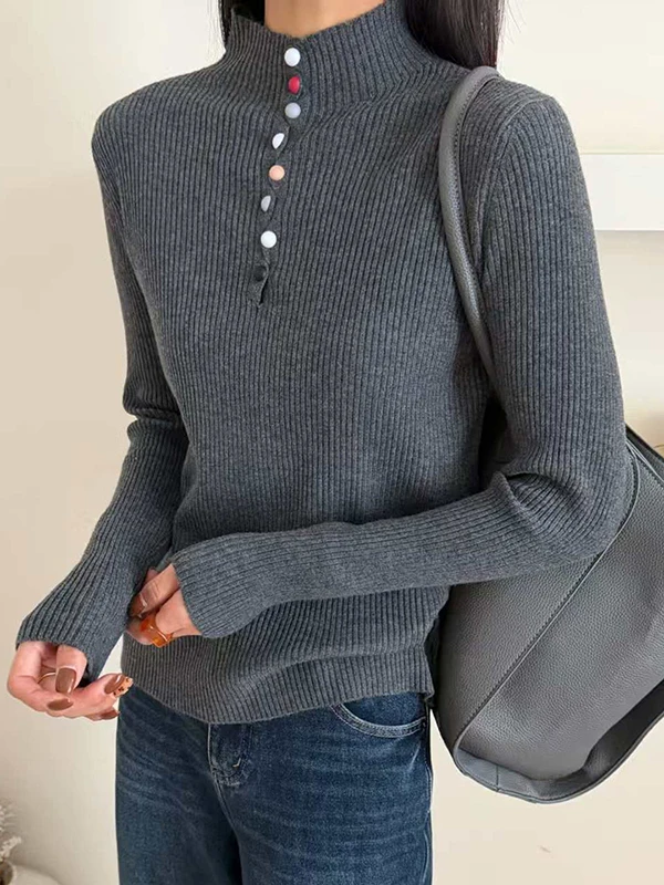 

Sli Button Decorated f High Ne Knitted Sweater Slimming Design Base irt Top for Autumn Winter New Arrival Casual S...