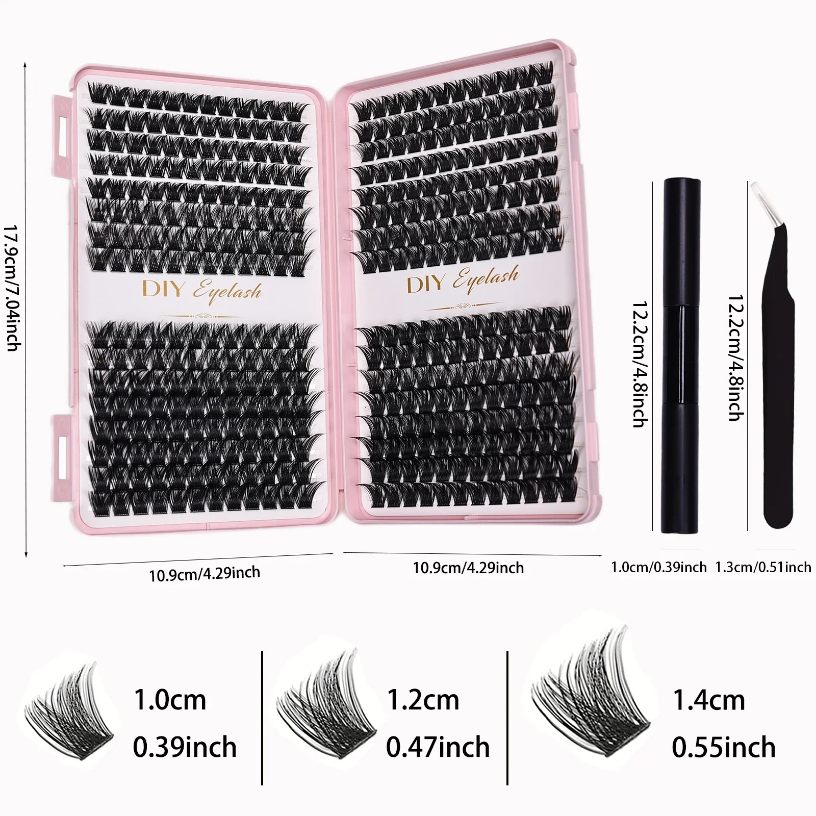 Kit de extensão de cílios DIY - 384pcs D Curl Cluster Cílios, adesivo, selante e pinça para uso doméstico