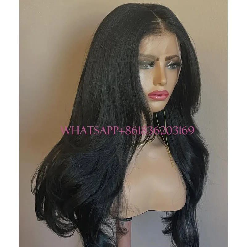 

Прямые волосы Yaki, плотность 180% # Черные длинные волнистые парики из 100% натуральных человеческих волос для женщин, легко надеваемые, с кружевной передней частью 13x6, без клея, HD-парики 5x5