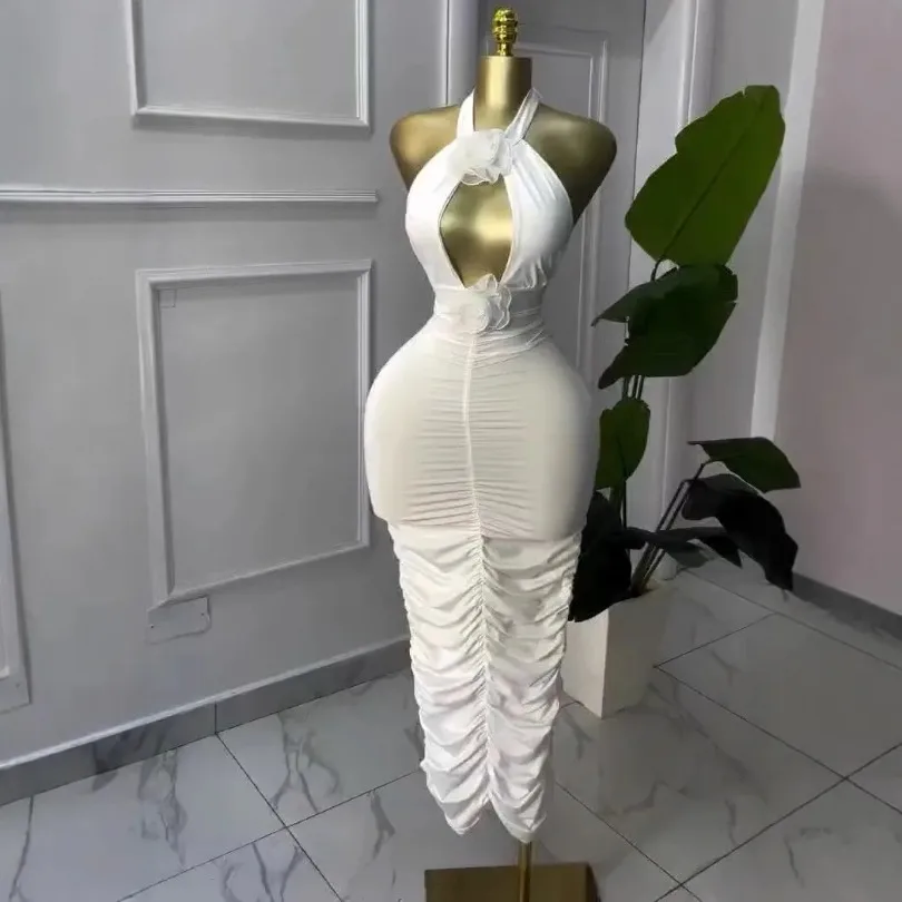 

Customized Fashion 2025 Summer Sexy Halter Neck Bodycon Sleeveless White Long Dresses Pleated Casual Flower Decoration Backless