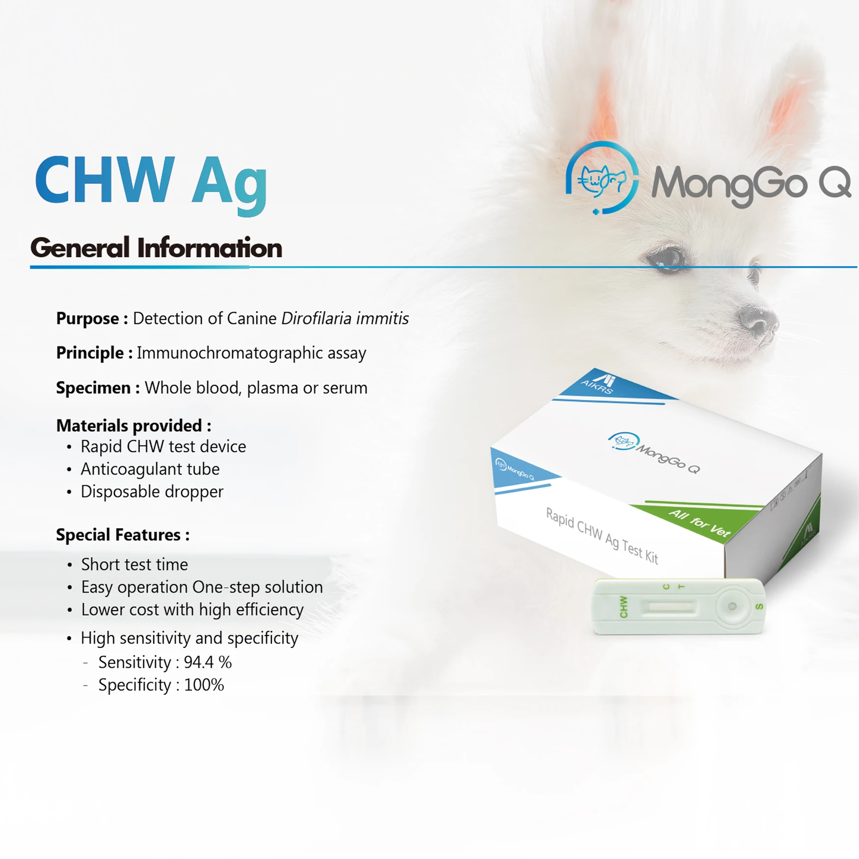 MongGo Q-Canine Heartworm CHW Auxiliary Diagnostic Health Testing Kit for Dogs CHW-10, 10 Packed