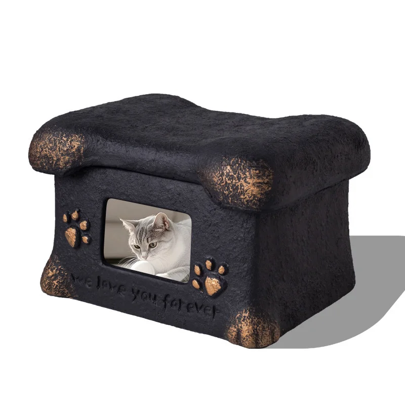 Retro Stone Style Pet Urn with Photo Frame, Bone Shaped Resin Memorial Ashes Box for Dog Cat, Keepsake with Paw Print Decor