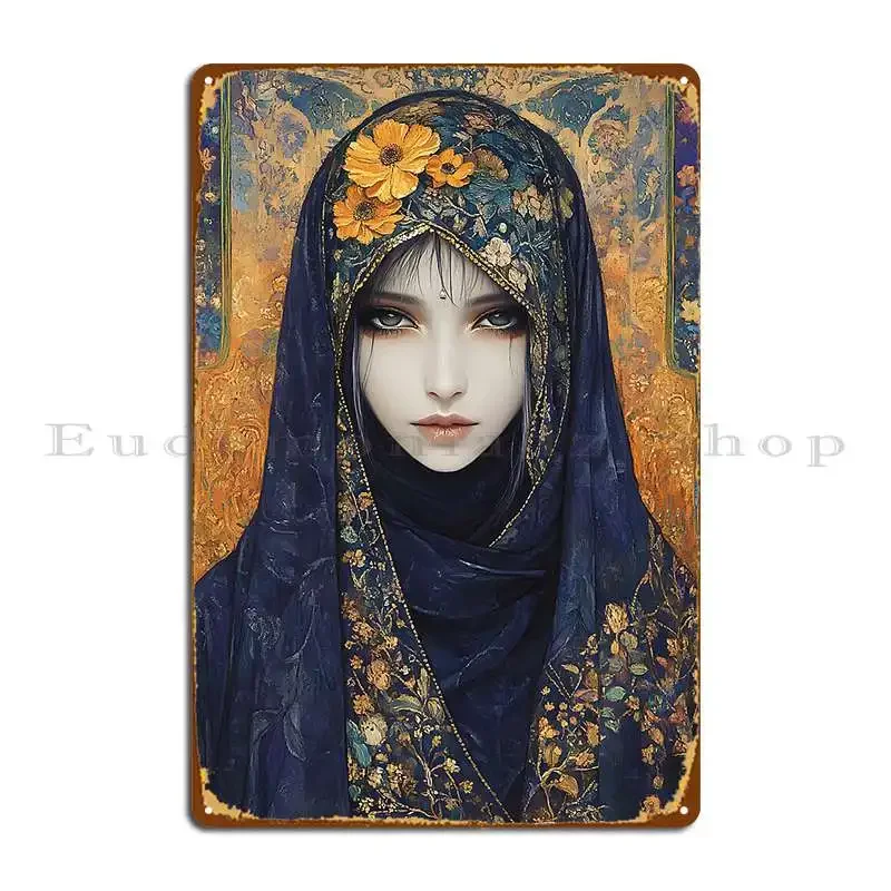 Elegant Woman Adorned In A Floral Patterned Headscarf Metal Plaque Create Customized Painting Wall Mural Create Tin Sign Poster