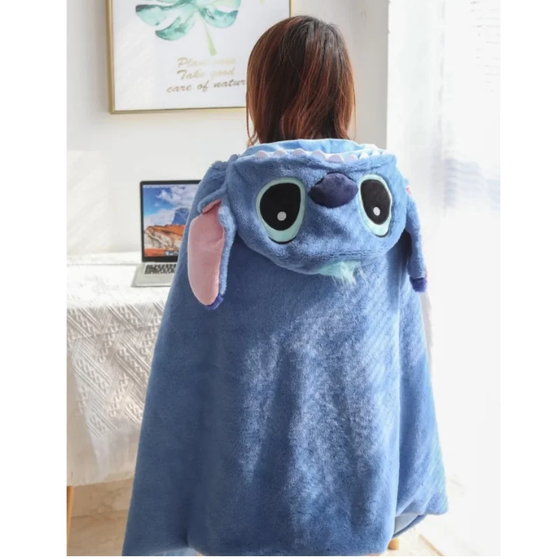 New Stitch Hooded Cloak Blanket Cartoon Anime Thickened Big Blanket With Hat Flannel Warm Blanket Student Office Nap Blanket