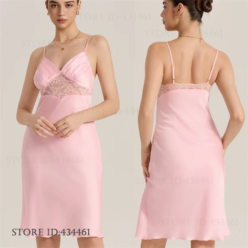 

New Women's Nightgown Loungewear Sexy Hollow Out Lace Lingerie Chemise Sleepwear Summer Ice Silk Nightwear Home Dress Nighty