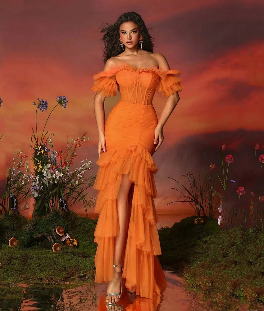 

Lzhk Customized Sexy Tulle Mermaid Off the Shoulder Ruffles Tiered Evening Dress Temperament Sweetheart Sleeveless Prom Gowns