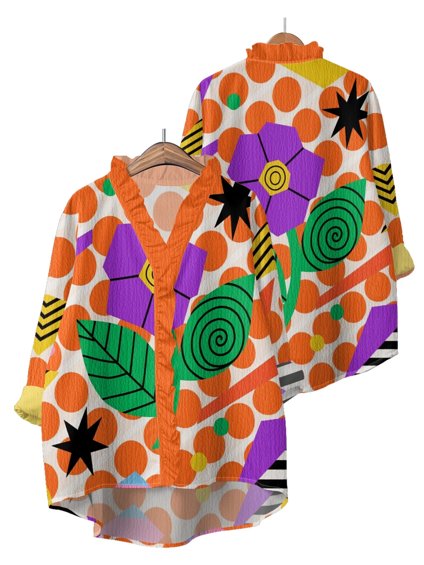 Ladies' printed long sleeved shirt with ruffled neckline, Comfortable and easy to maintain polyester fiber.