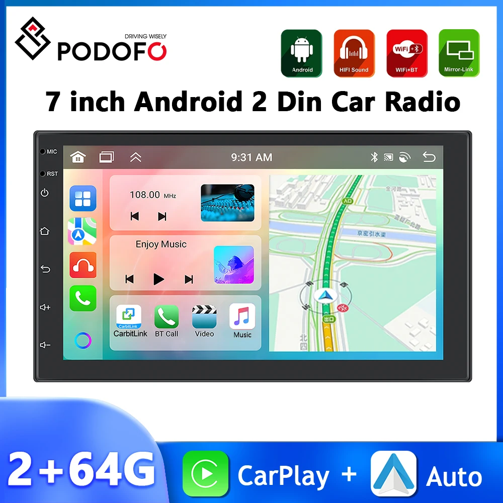 

Podofo 2+64G 4Core Car Radio 7inch Multimedia Player WIFI GPS Navigation Carplay Android Auto DSP Mirror Link 2Din Car Stereo