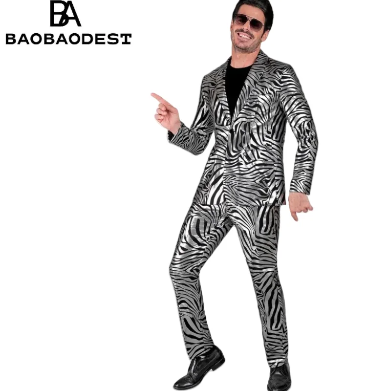 

Men's Zebra Print Suit 3-Piece Costume Party Tuxedo with Peaked Lapel Jacket Vest & Pants for Halloween Cosplay