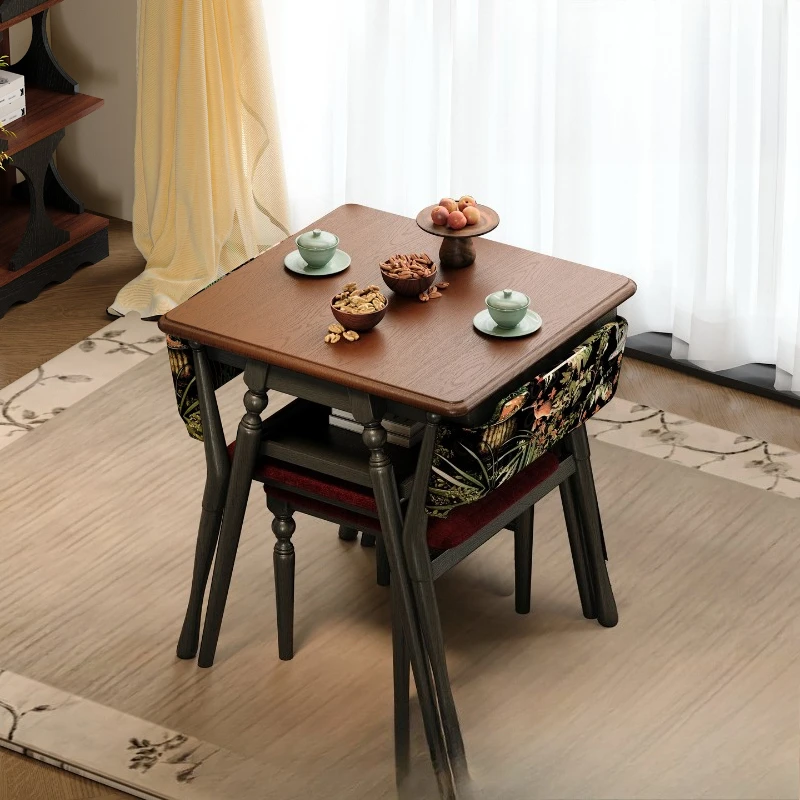 

Balcony table and chairs, solid wood, French retro balcony, tea table, can store table and chair combinations